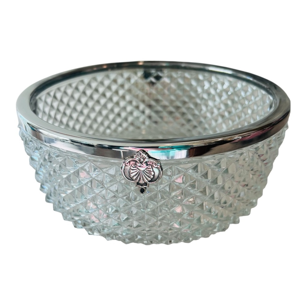 Vintage Cut Glass Bowl with Silverplate Rim Made in England – 8” Round Crystal